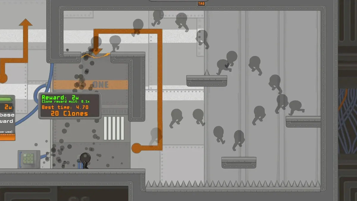 Official IGTAP screenshot of the first course with clone silhouettes and the reward readout