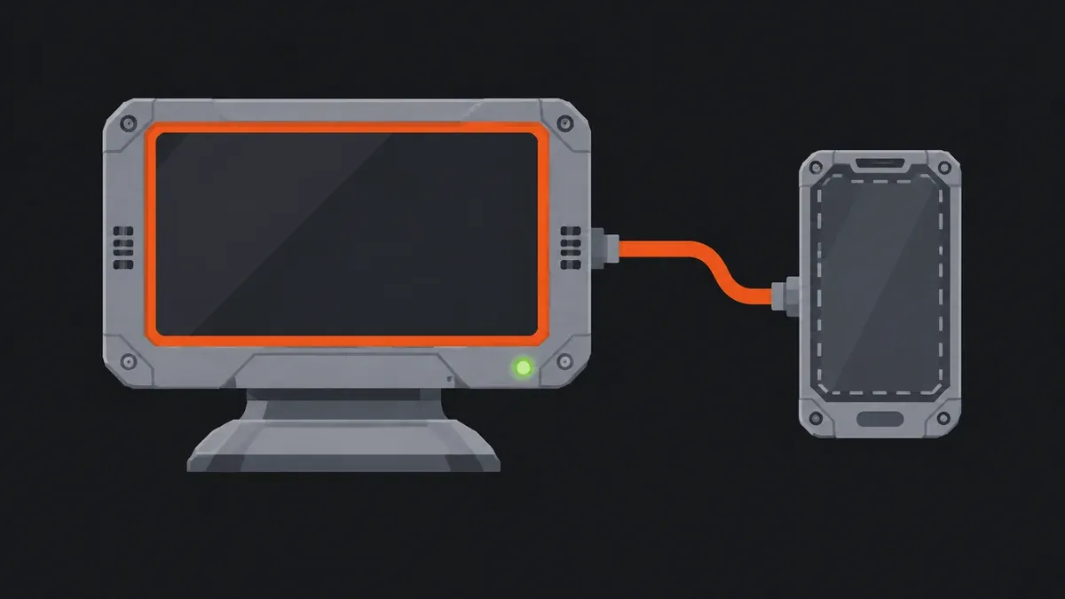 Illustration of a grey desktop monitor plate linked by an orange cable to a dimmed, dashed phone plate