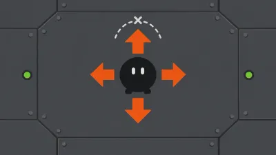 Illustration of the black blob character surrounded by four orange directional arrows, with a crossed-out dashed jump arc above