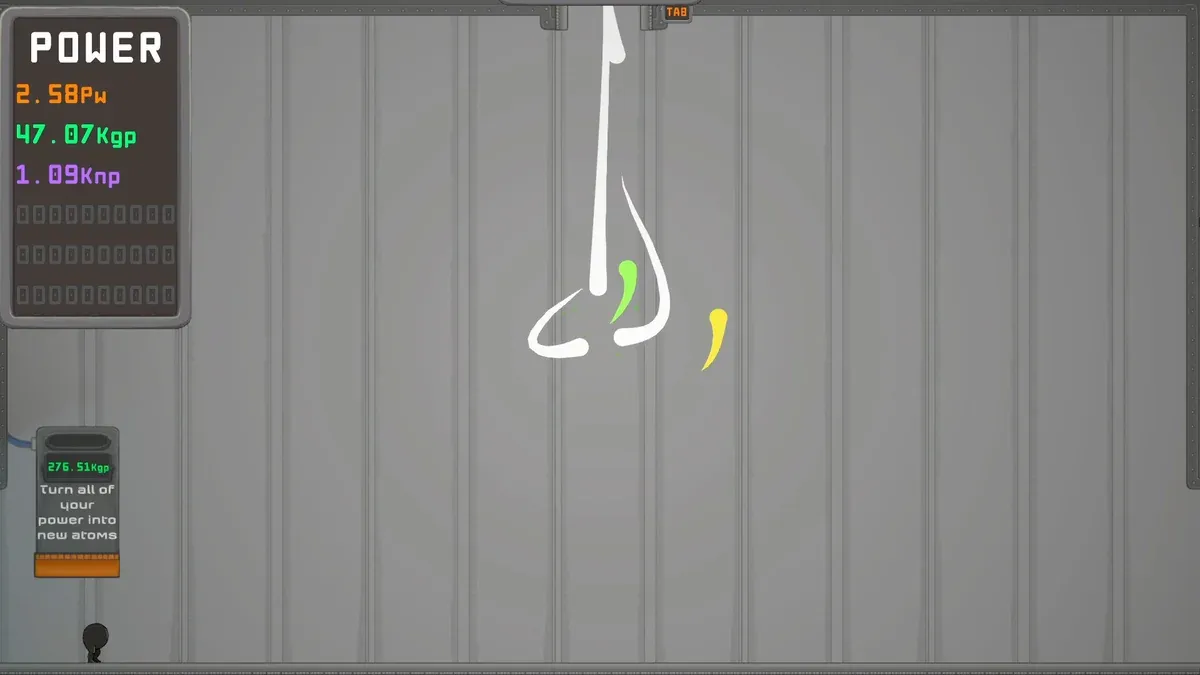 Official IGTAP screenshot of the POWER counter panel and the atom upgrade pedestal