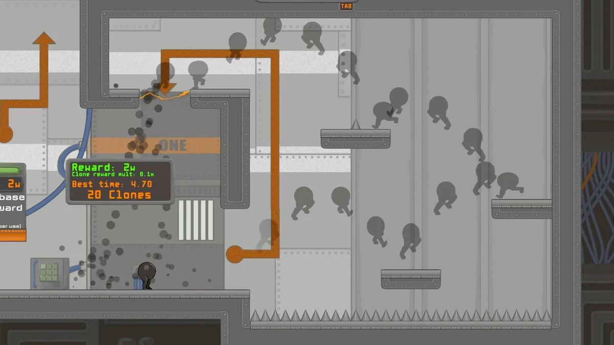 Official IGTAP screenshot of the first course with clone silhouettes and the reward readout