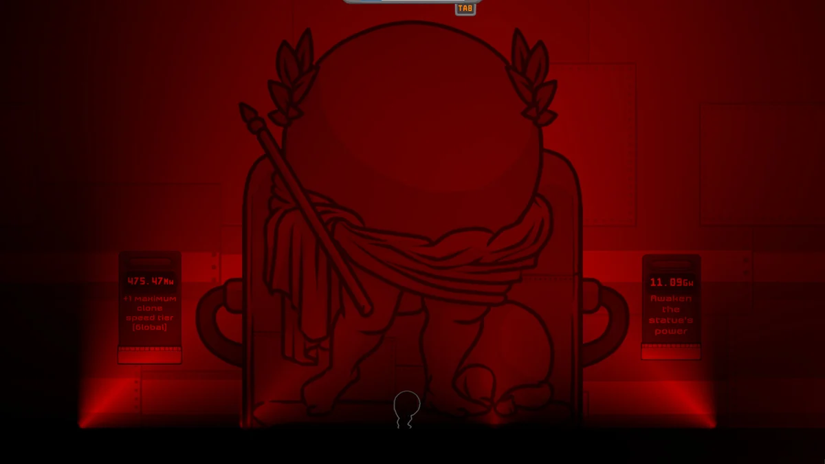 Official IGTAP screenshot of two upgrade pedestals beside the red-lit statue